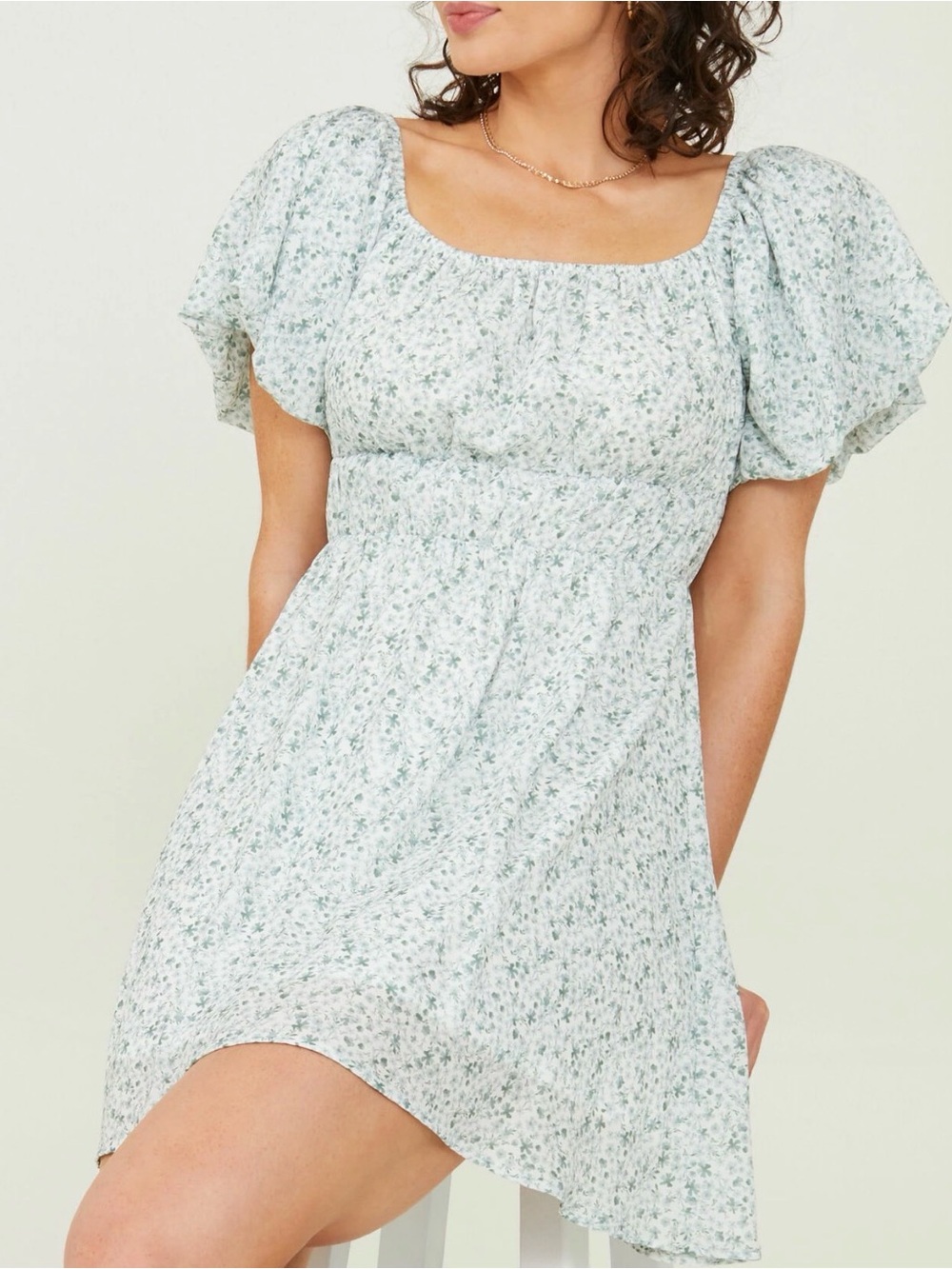 Altar'd State Mint Green Floral Puff-Sleeve Mini Dress L